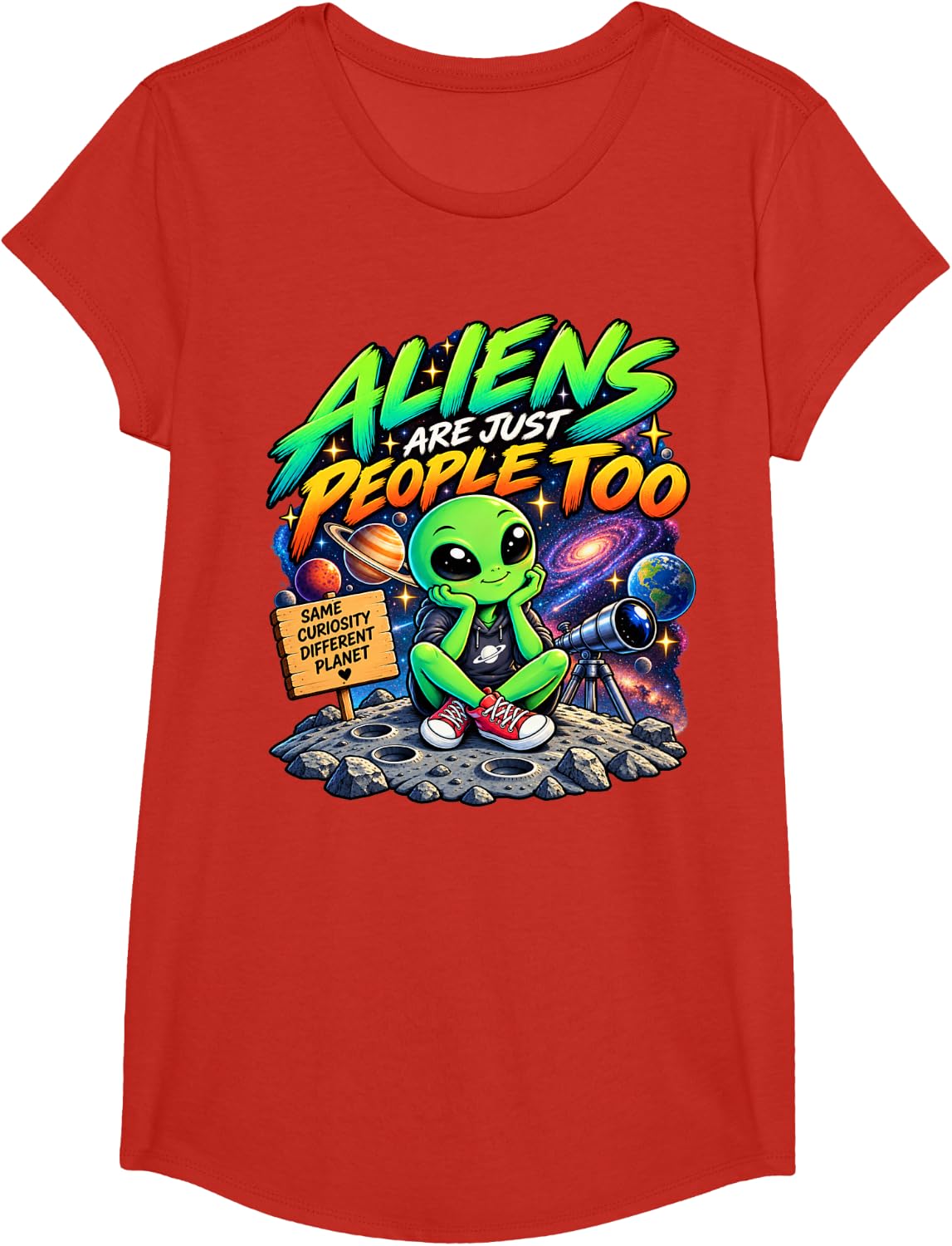 Aliens are Just People Too Funny Alien Space Astronomy T-Shirt - Girls Red
