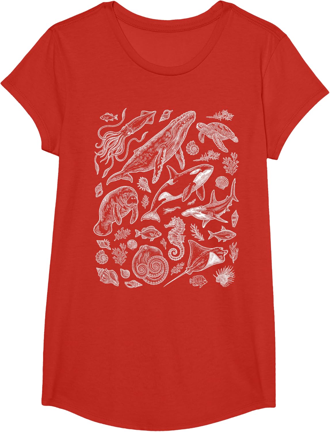 Ocean Wildlife Sea Orca Whale Squid Manatee Shark Aquatic T-Shirt - Girls Red