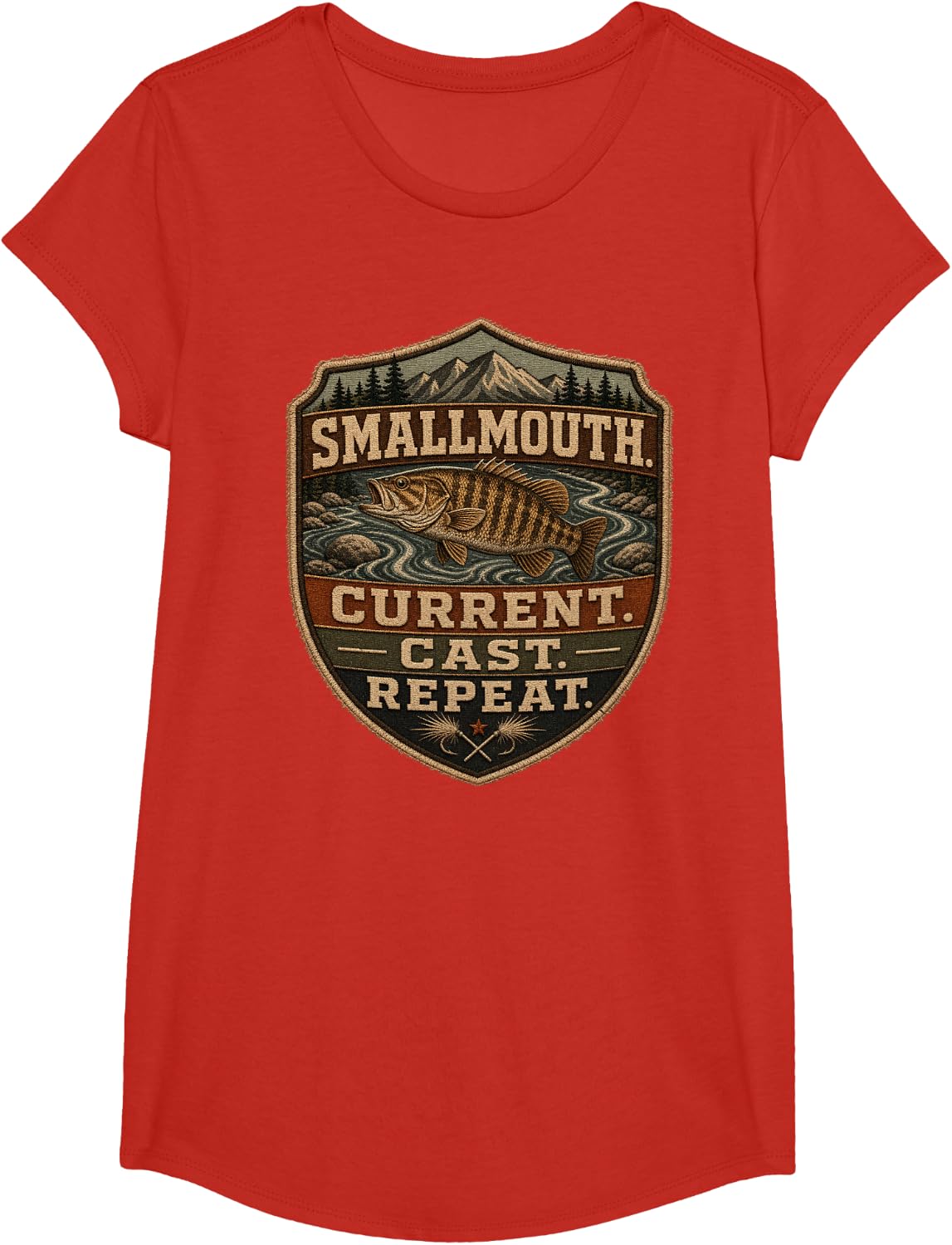 Bass Fishing Smallmouth River Current T-Shirt - Girls Red