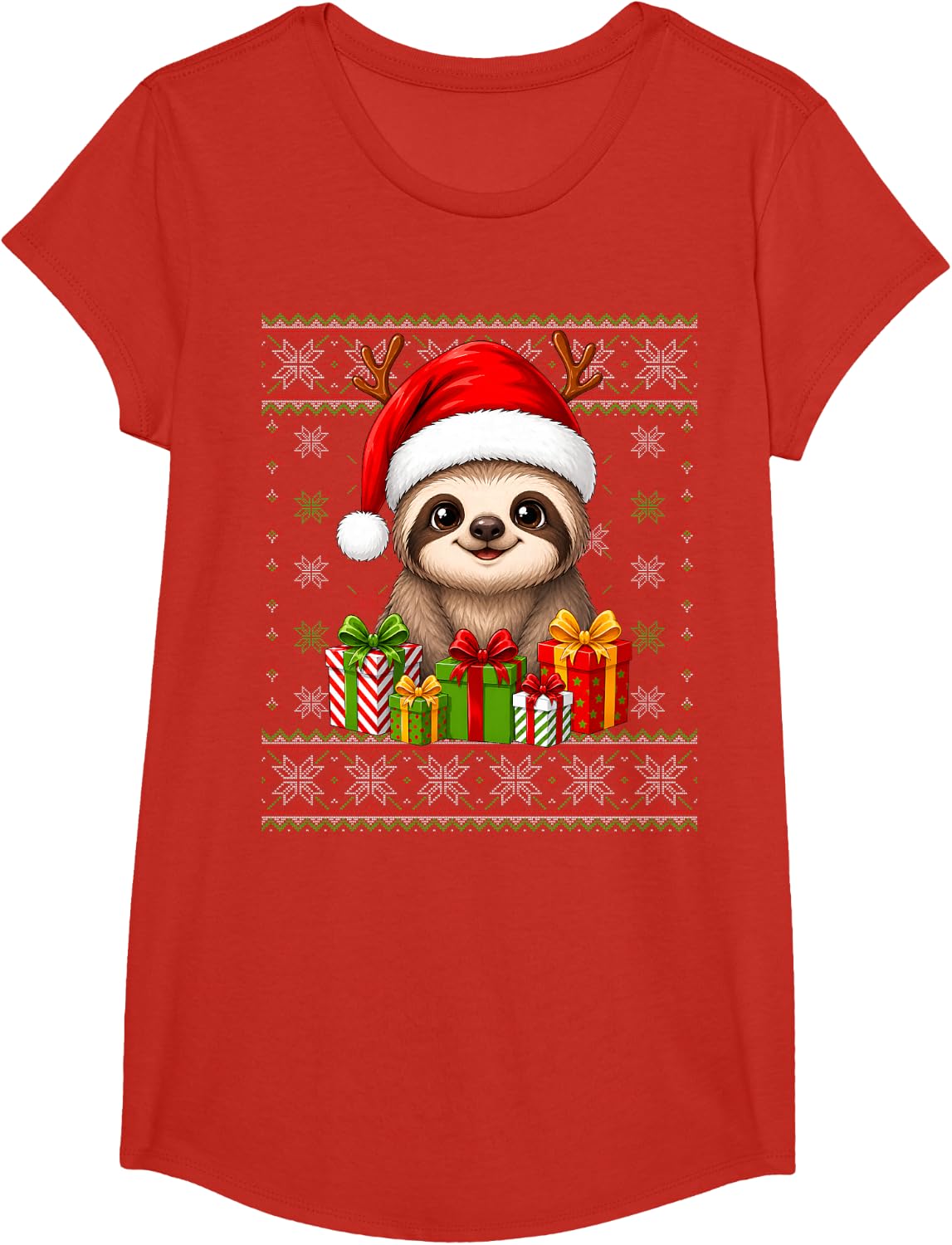 Sloth Xmas Ugly Sweaters Festive Santa Sloth Christmas T-Shirt - Girls Red