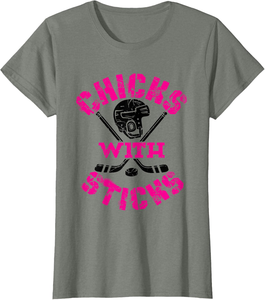 Chicks with Sticks Ice Hockey T-Shirt - Olive Heather