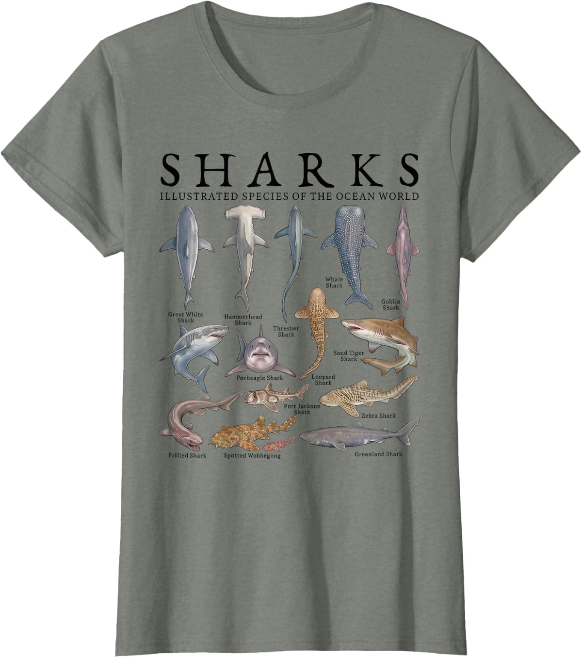 Shark Species Marine Biology Ocean Animal Art Tees T Shirts for Men Women - Olive Heather