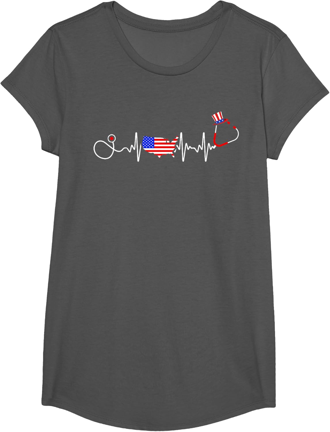 American Nurse 4th of July USA Flag Map Patriotic RN Nursing Tees T-Shirt for Nurses - Girls Asphalt Grey