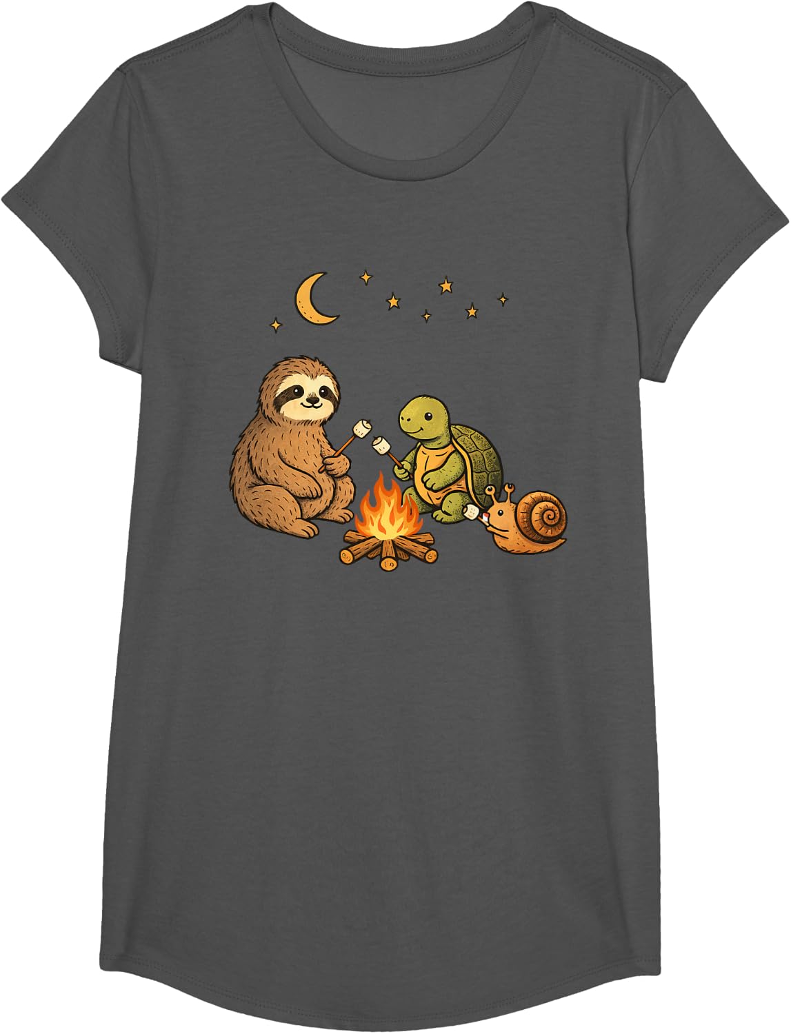 Cute Sloth Turtle Snail Campfire Camping T-Shirt - Girls Asphalt Grey