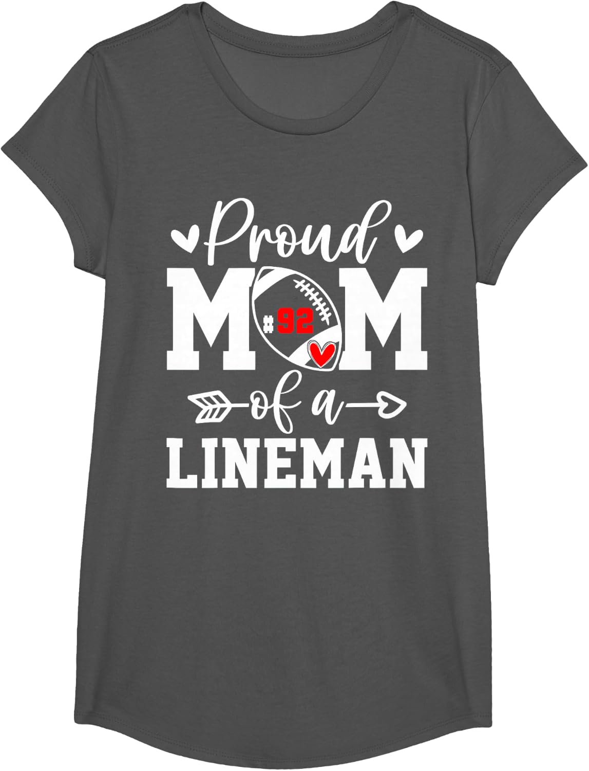 Costume Proud Football Mom Lineman Number 92 Personalized T-Shirt - Girls Asphalt Grey