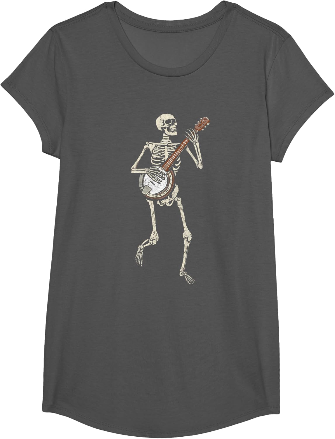 Retro Dancing Skeleton & Banjo Vintage Graphic T-Shirt - Girls Asphalt Grey