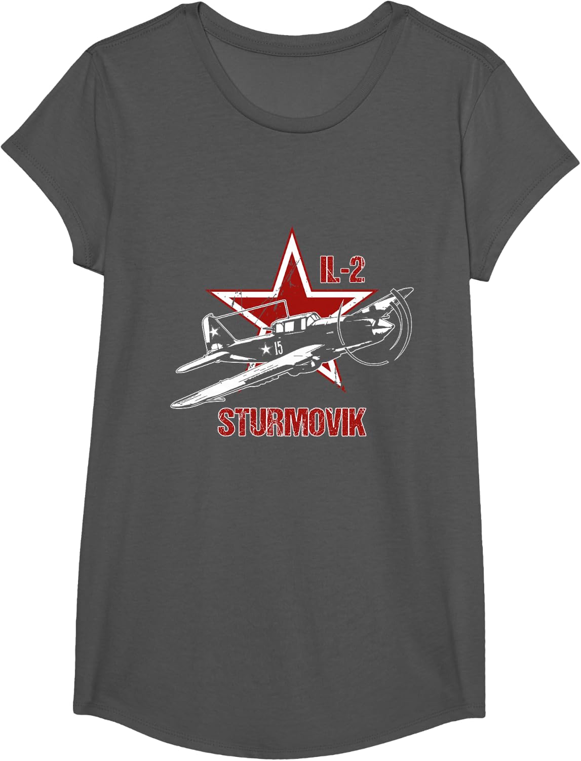 Ilyushin IL2 Sturmovik Russian Star Warbird Aircraft WW2 Red T-Shirt - Girls Asphalt Grey