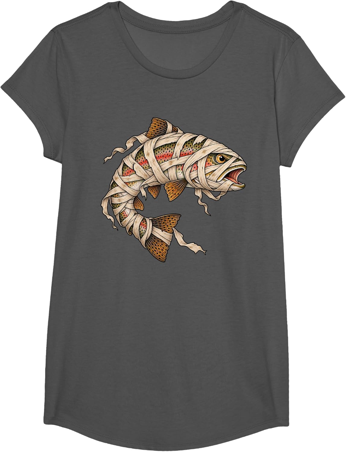 Trout Fish Mummy Halloween Fishing T-Shirt - Girls Asphalt Grey