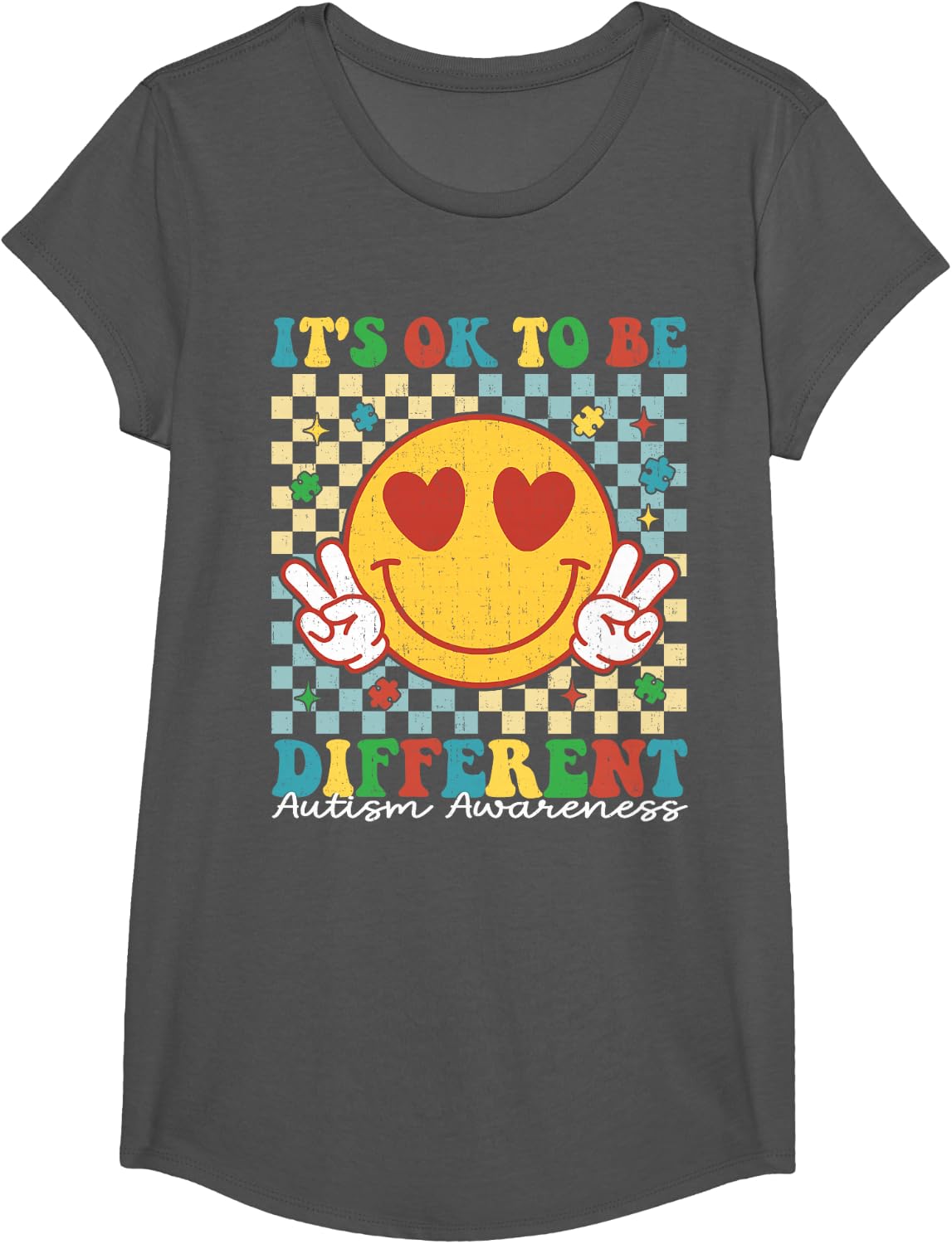 Checkered It Is Ok To Be Different Autism Awareness Month T-Shirt - Girls Asphalt Grey