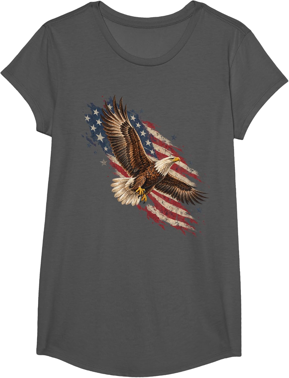 Bald Eagle Swooping Over American Flag Wildlife T-Shirt - Girls Asphalt Grey