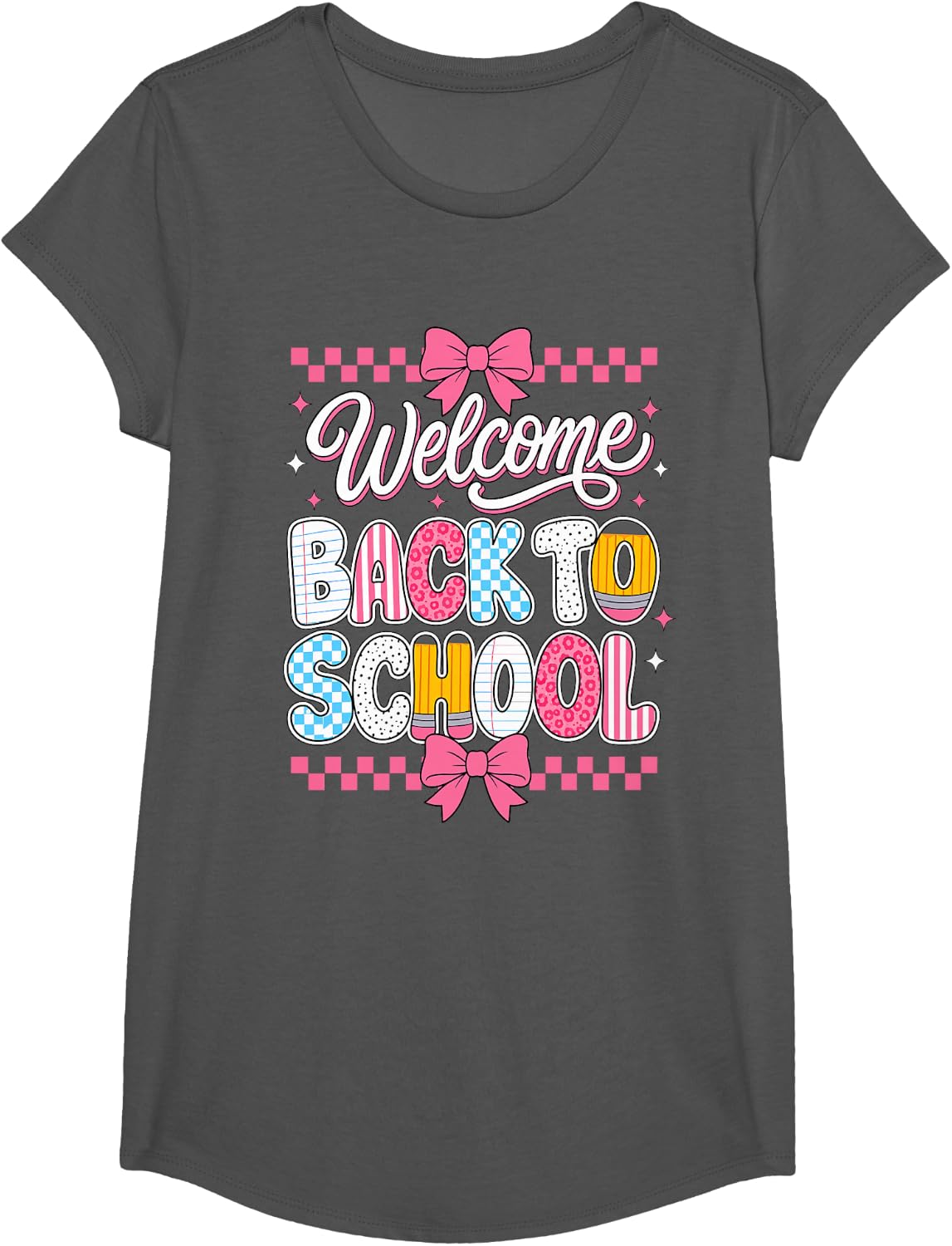 Welcome Back to School Teacher Classroom Pink Bow Preppy T-Shirt - Girls Asphalt Grey