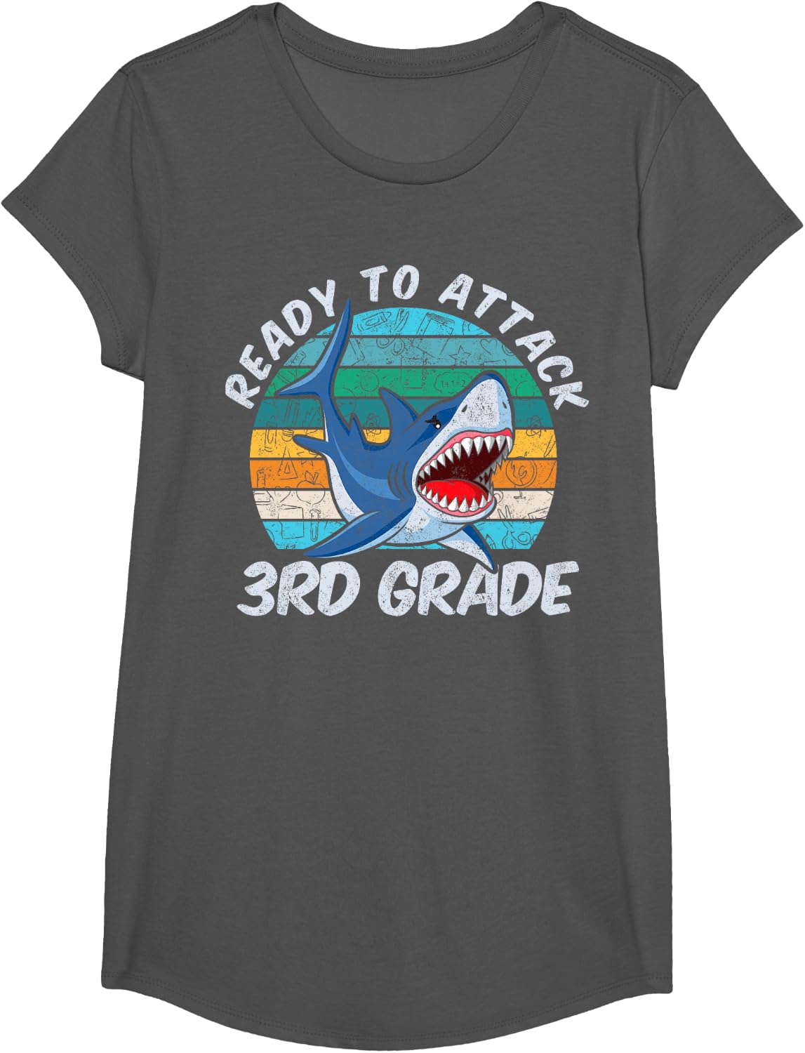 Ready To Attack 3rd Grade Shark Gift Back to School T-Shirt - Girls Asphalt Grey