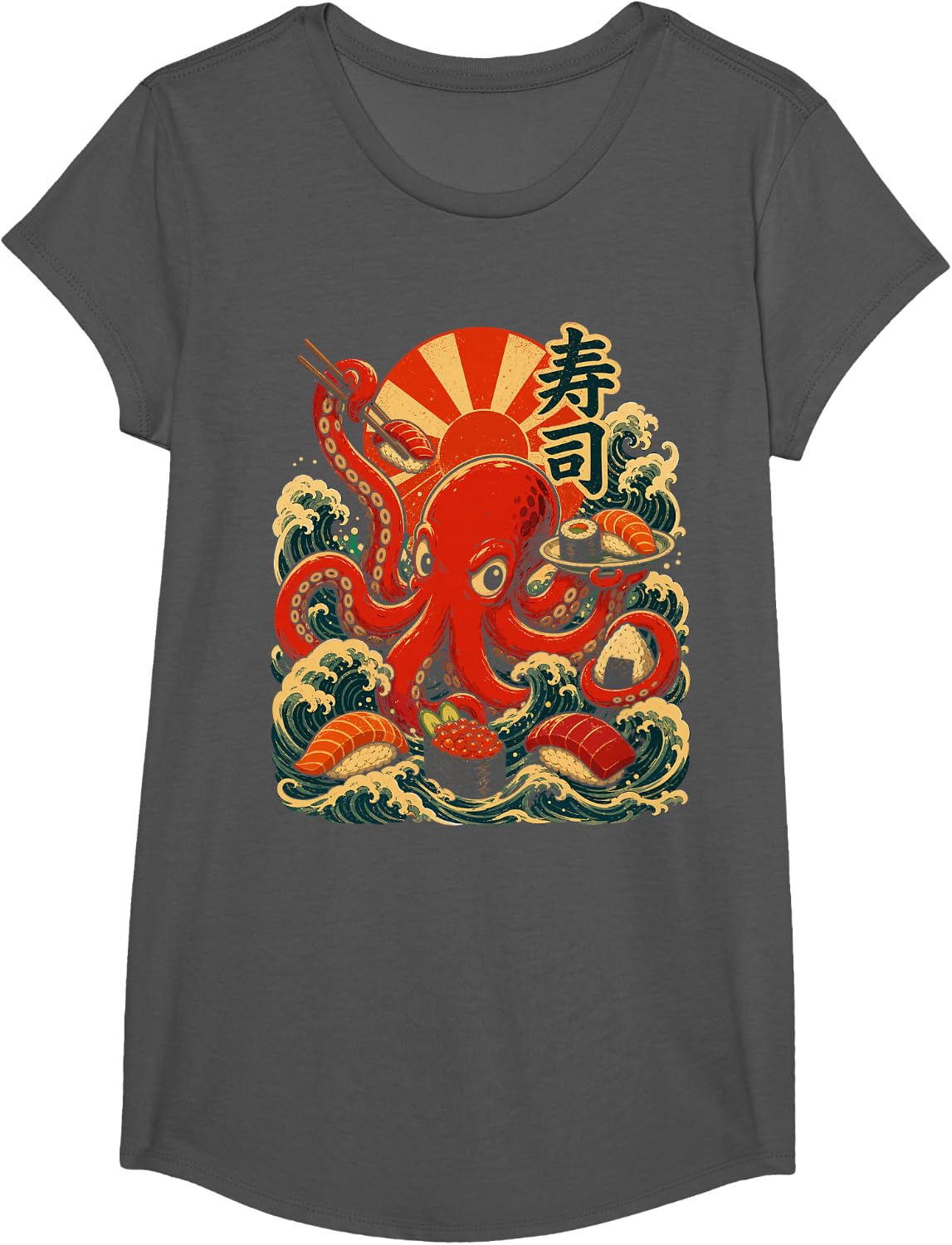 Kawaii Japanese Kaiju Kraken Octopus Sushi Men Women T-Shirt - Girls Asphalt Grey