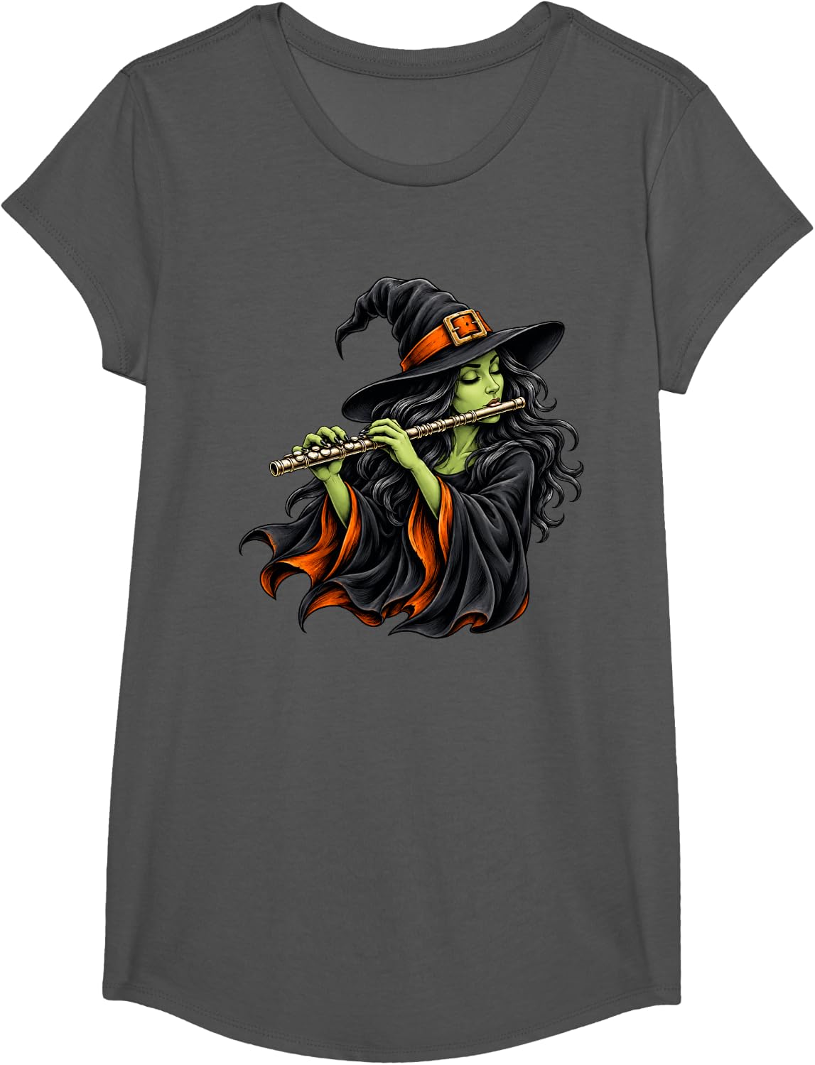 Witch Playing Flute Musician Halloween T-Shirt - Girls Asphalt Grey