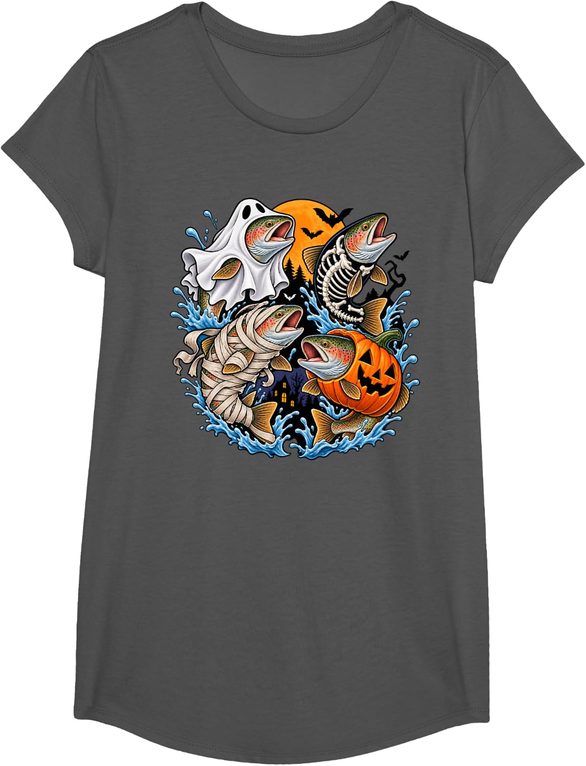 Trout Fish Ghost Pumpkin Skeleton Mummy Halloween Fishing T-Shirt - Girls Asphalt Grey