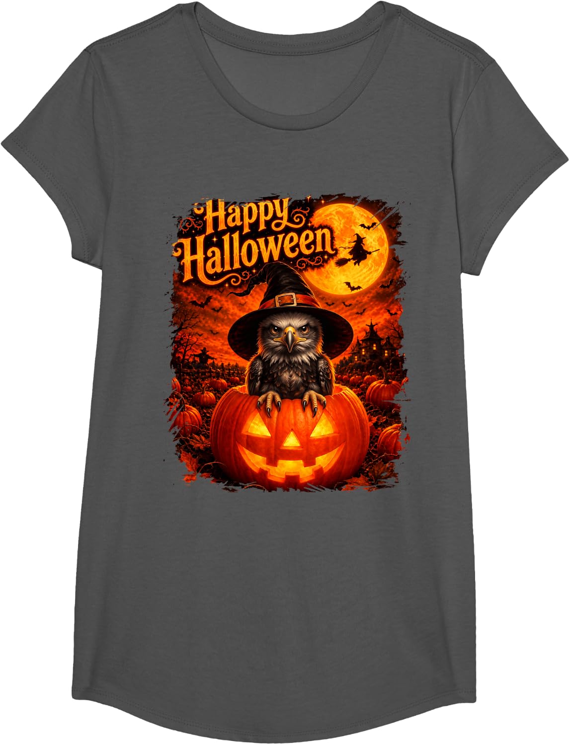 Cute Bald Eagle Happy Halloween Night T-Shirt - Girls Asphalt Grey