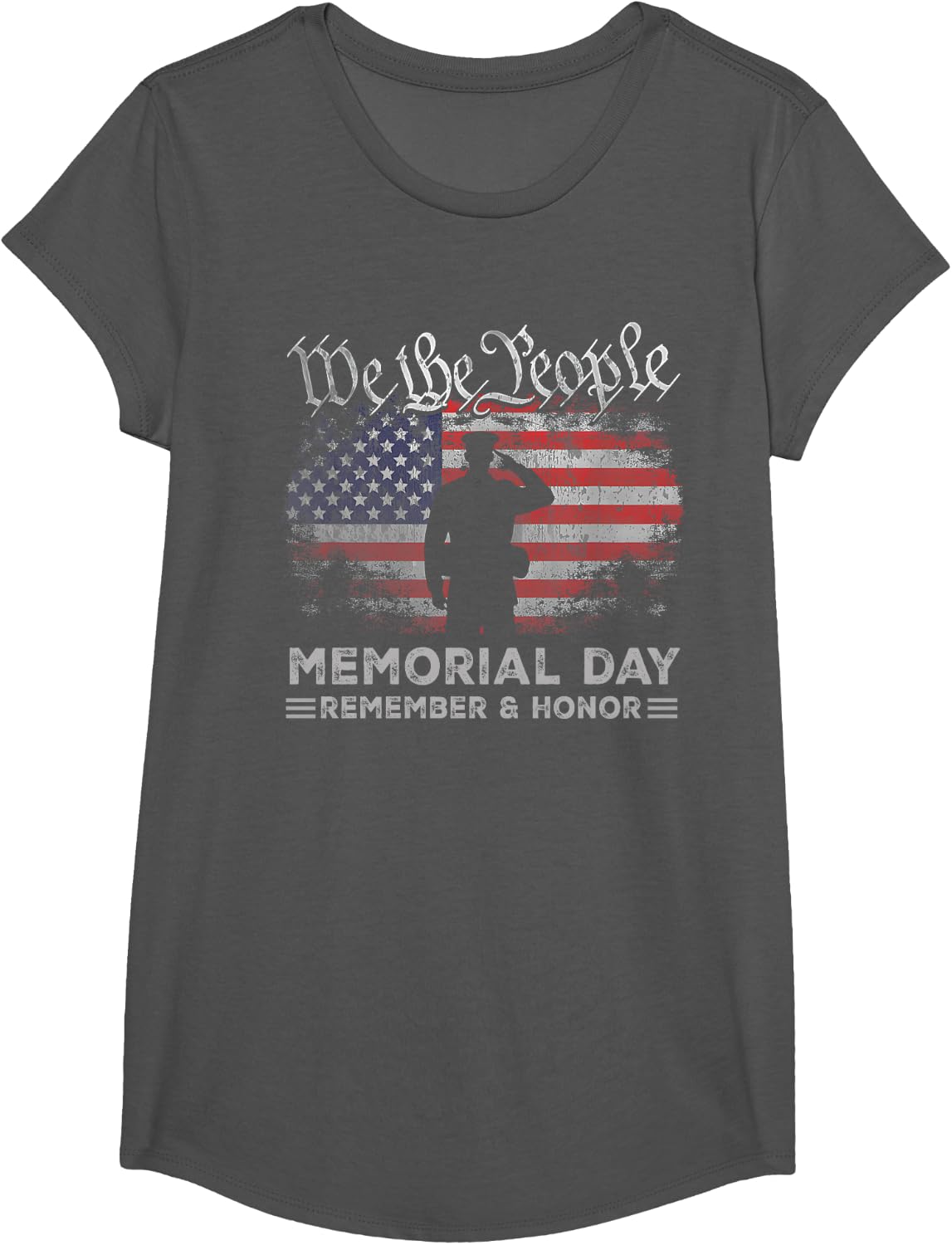 Memorial Day Remember Honor US American Flag Veterans Day T-Shirt - Girls Asphalt Grey