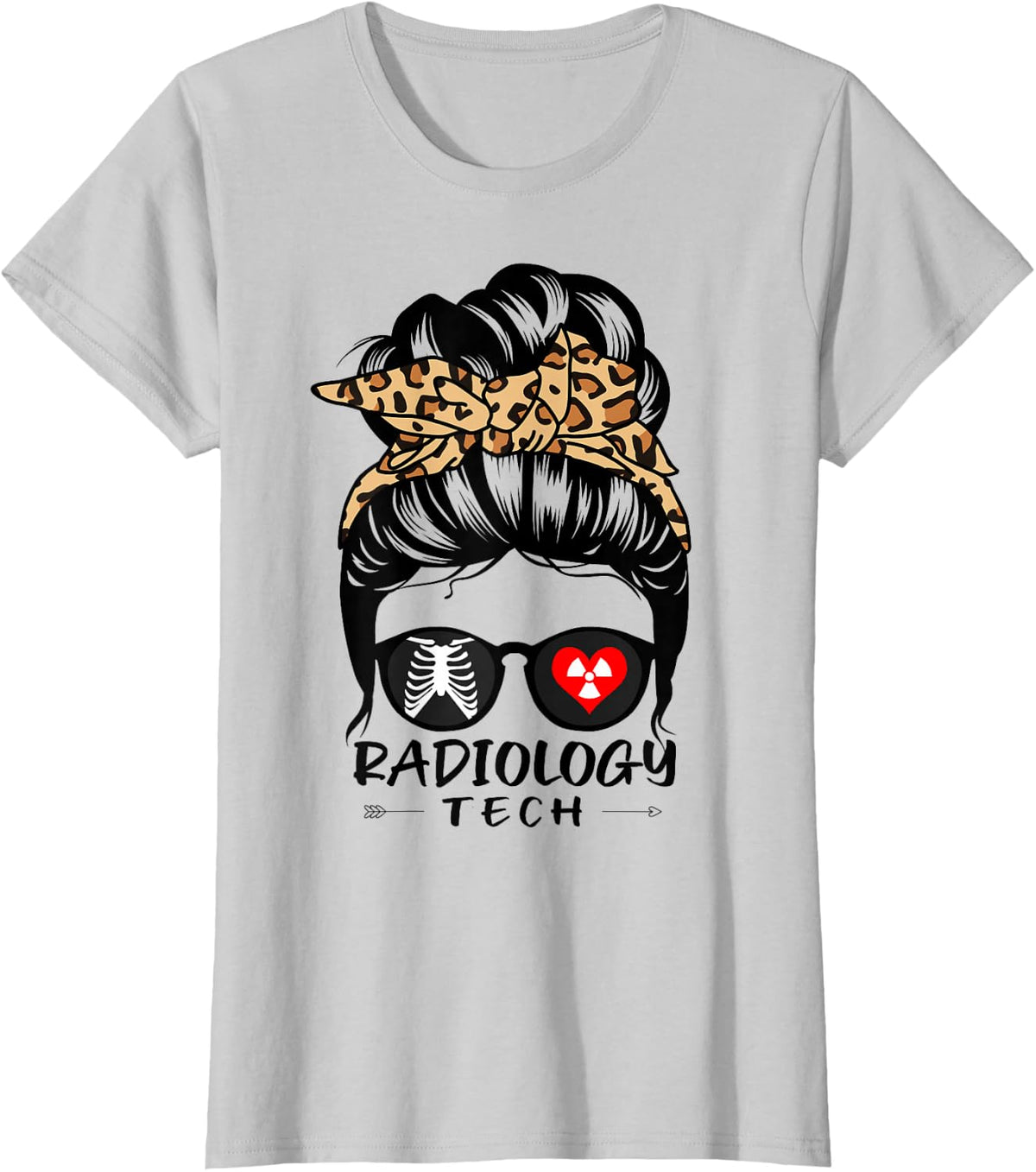 Radiology Tech Messy Bun Hair Funny Leopard Radiologist T-Shirt - Silver Grey