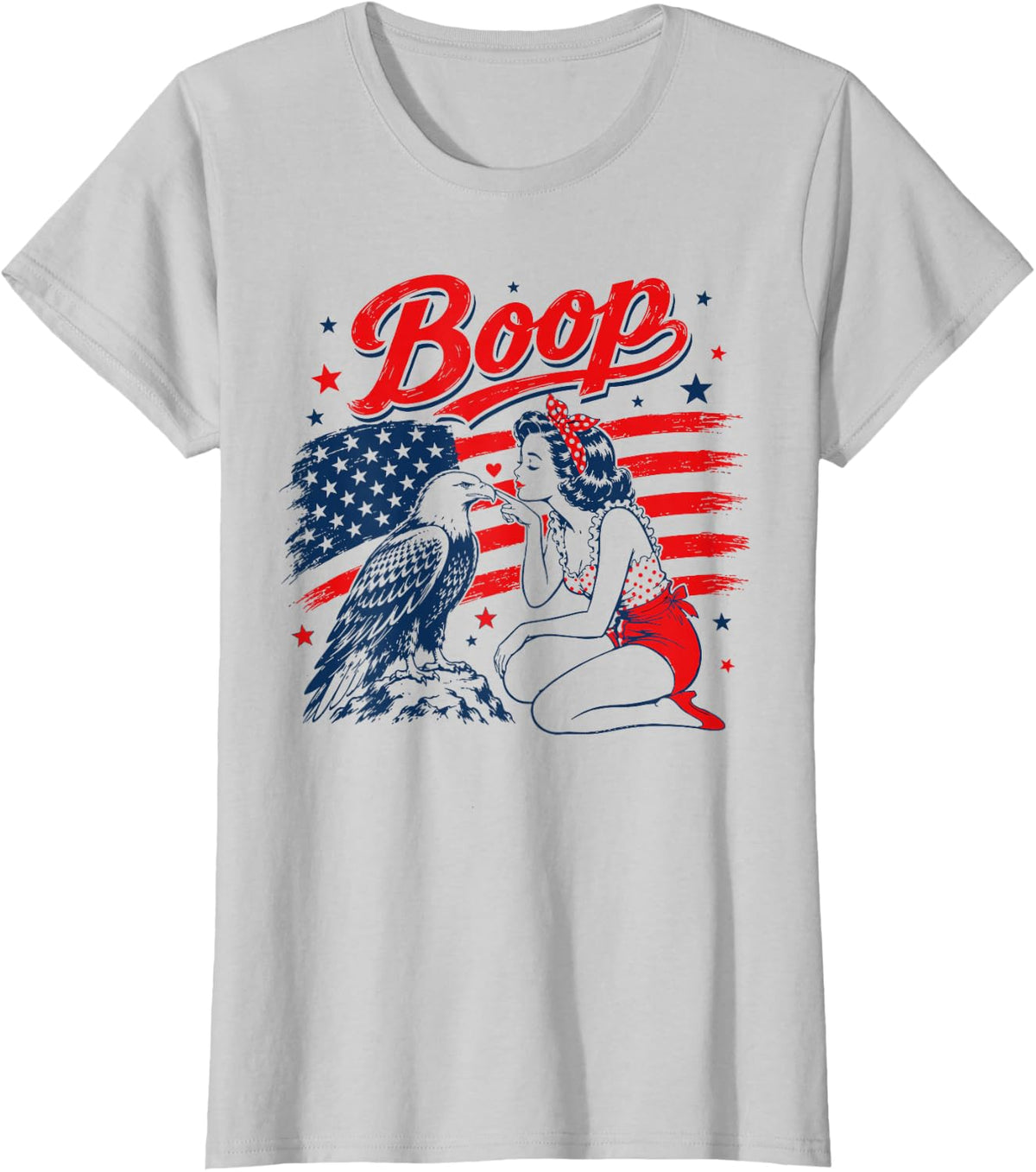 Patriotic Pinup Girl Bald Eagle Boop 4th of July Shirt Tees T-Shirts for Women Girls - Silver Grey