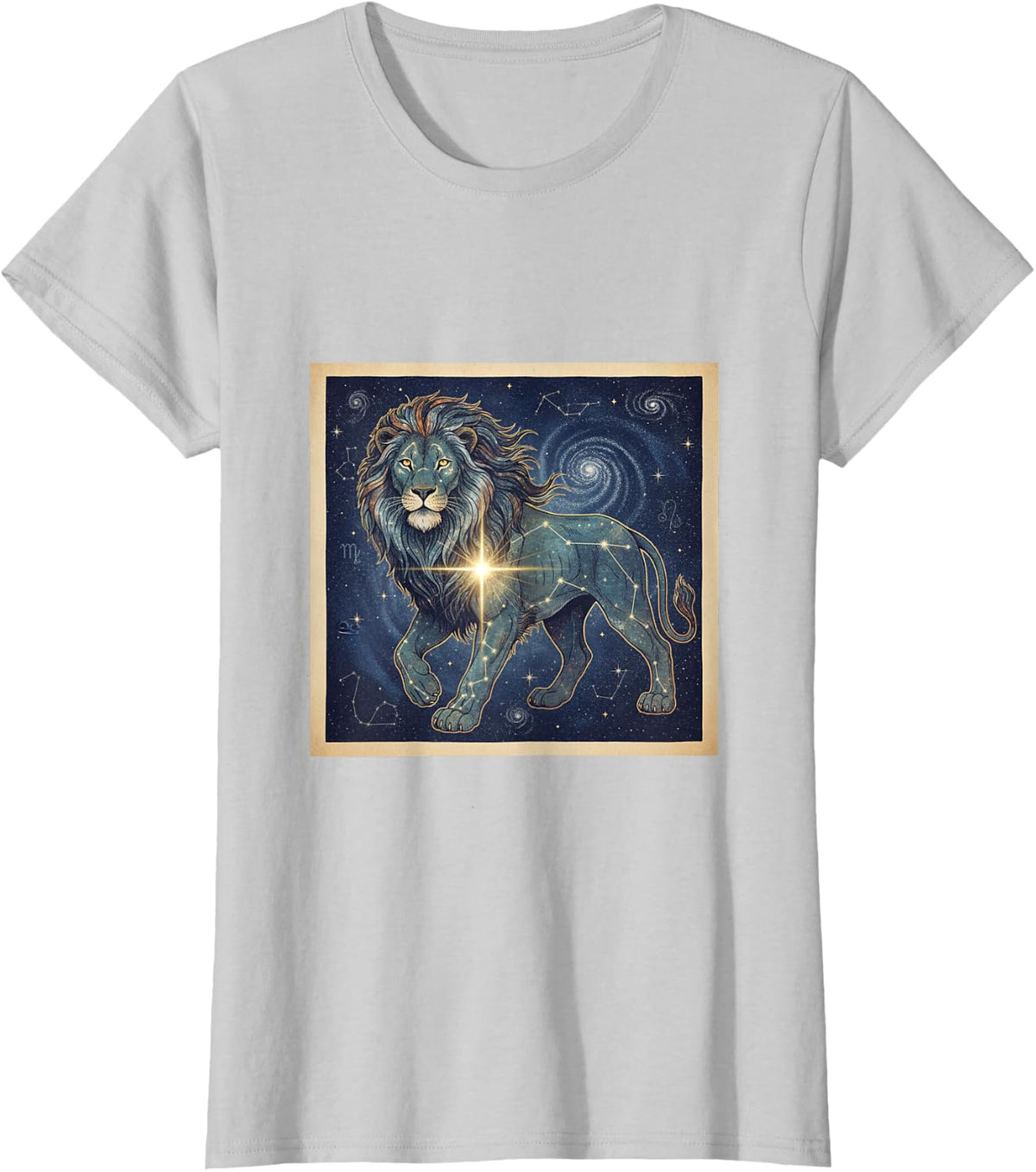 Leo Celestial Lion Regulus Star Constellation Art Graphic T-Shirt - Silver Grey
