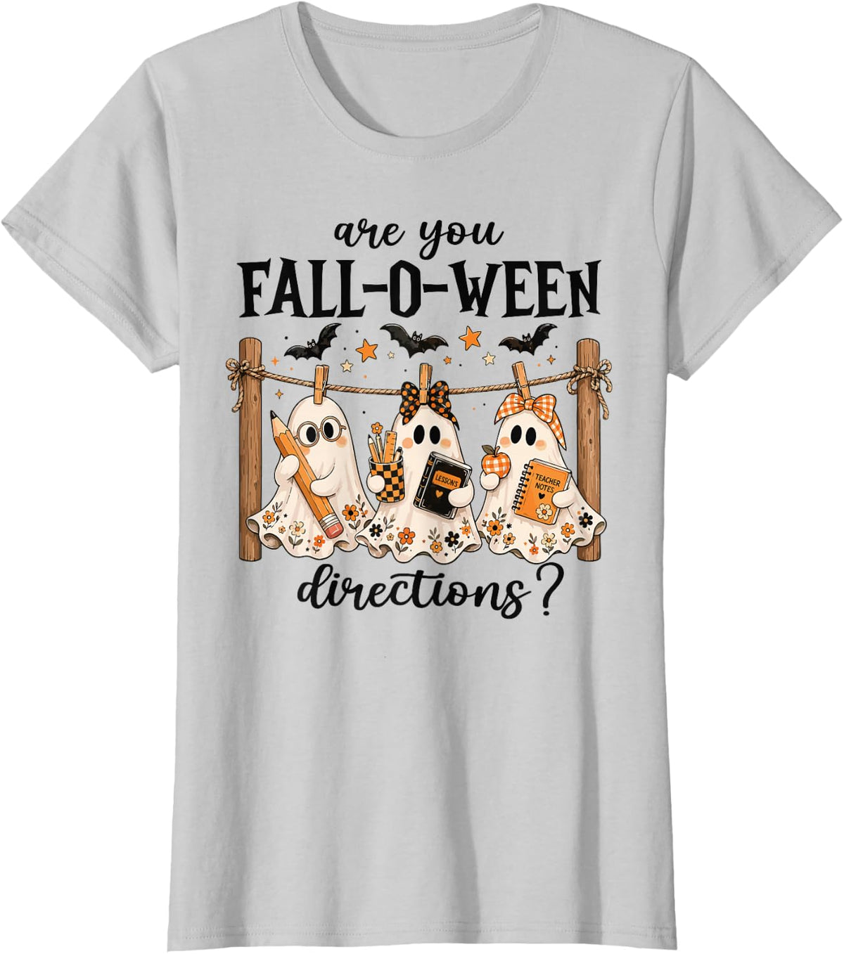 Retro are You Fall-o-ween Directions Ghost Teacher Halloween T-Shirt - Silver Grey