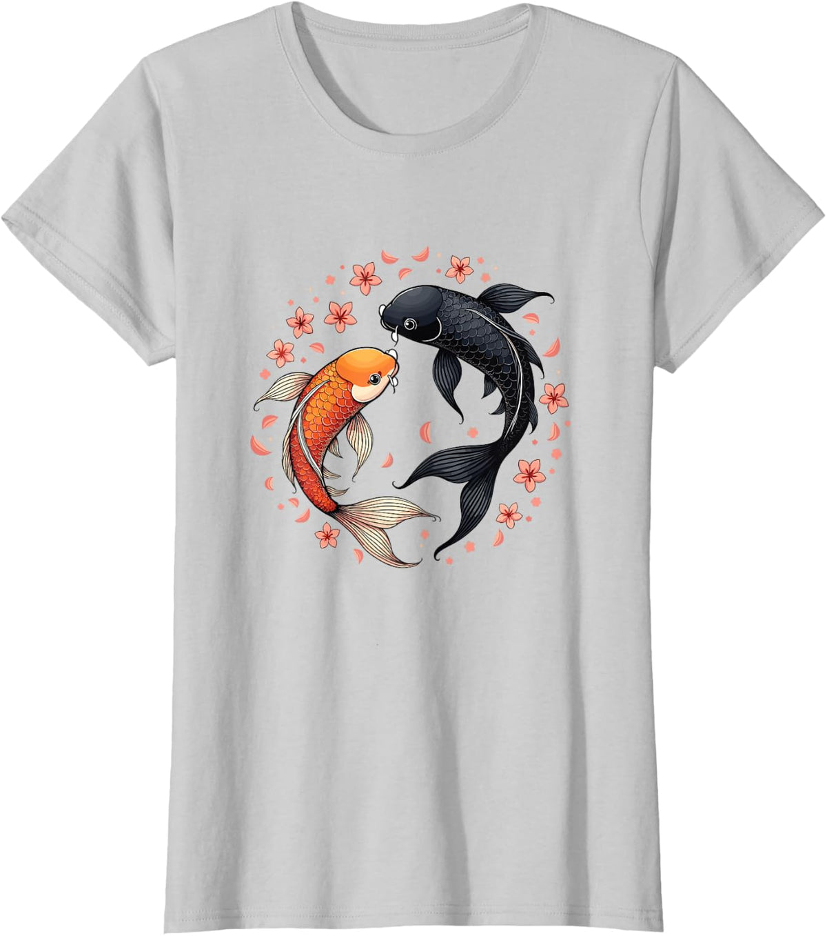 Japanese Art Koi Fish Cherry Blossom T-Shirt - Silver Grey