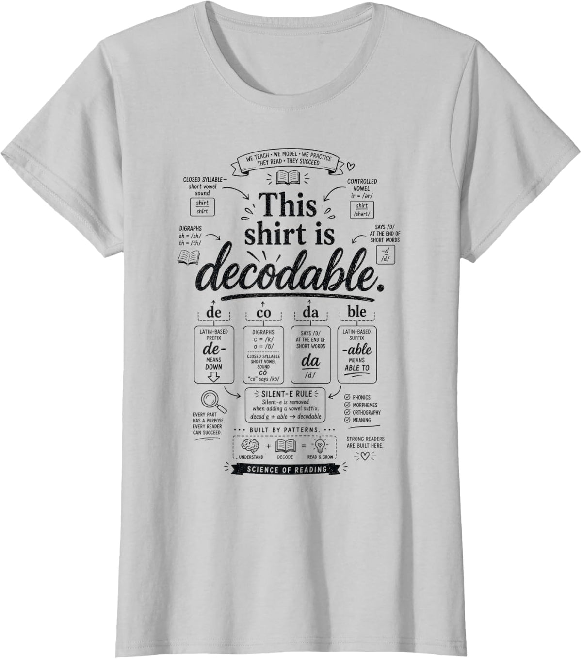 Retro Decodable Reading Specialist Structured Literacy T-Shirt - Silver Grey