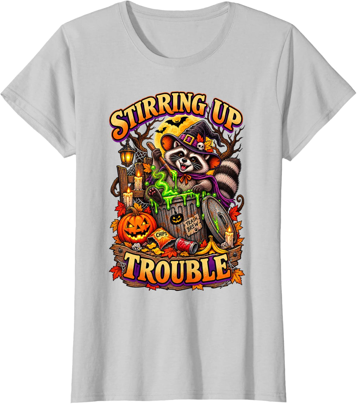 Halloween Raccoon Witch Stirring Trash Trouble T-Shirt - Silver Grey