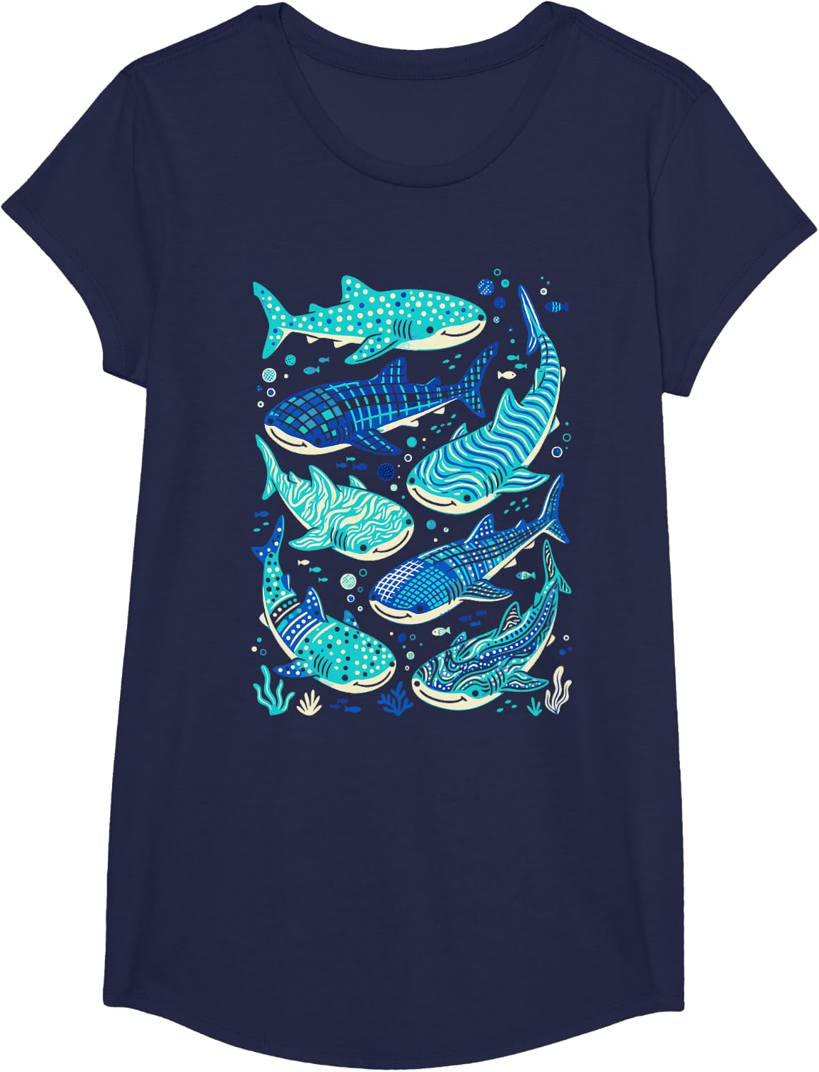 Cute Whale Shark Pattern Aquatic Sea Creature T-Shirt - Girls Navy Blue