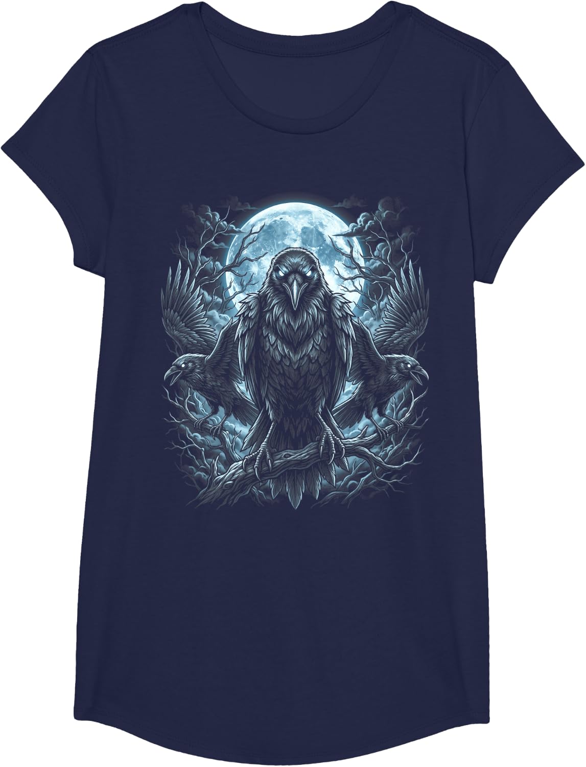 Raven Moon Night Gothic Witchcraft Crow Dark Nature T-Shirt - Girls Navy Blue