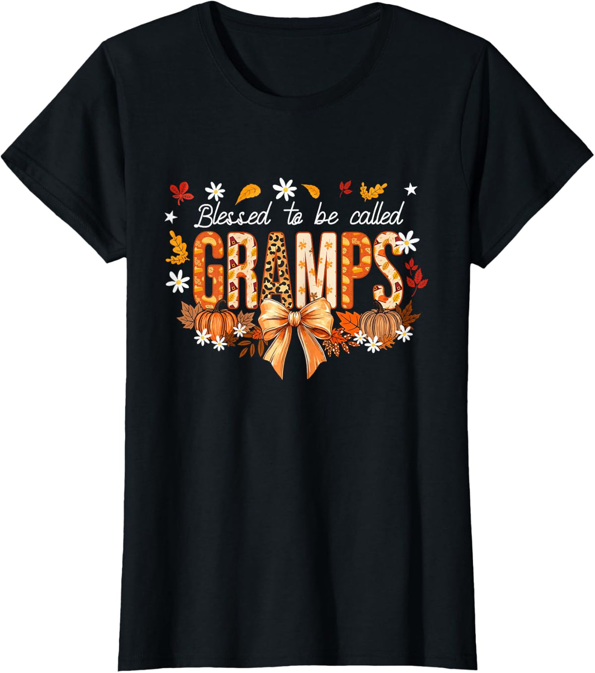 Blessed to Be Called Gramps Coquette Bows Thanksgiving T-Shirt - Black