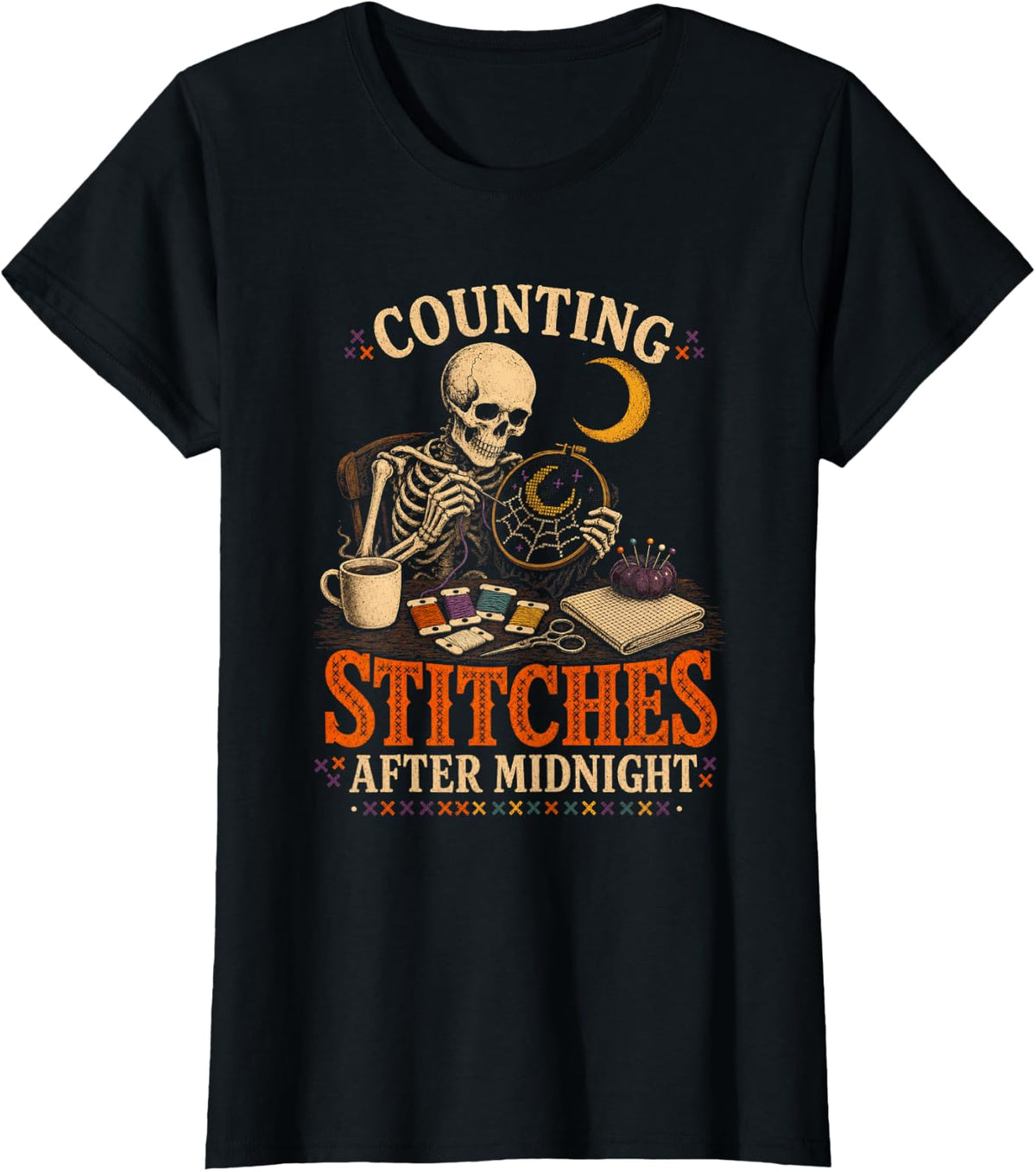 Counting Stitches After Midnight Halloween Cross Stitch T-Shirt - Black