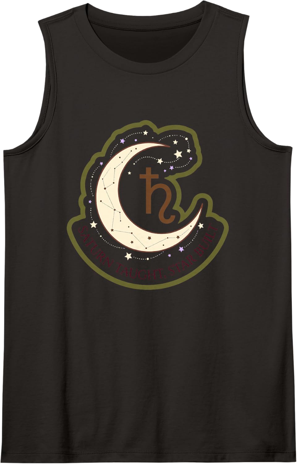 Saturn, Stars and Constellations Saturn Crescent Moon Sleeveless Tank Top - Black