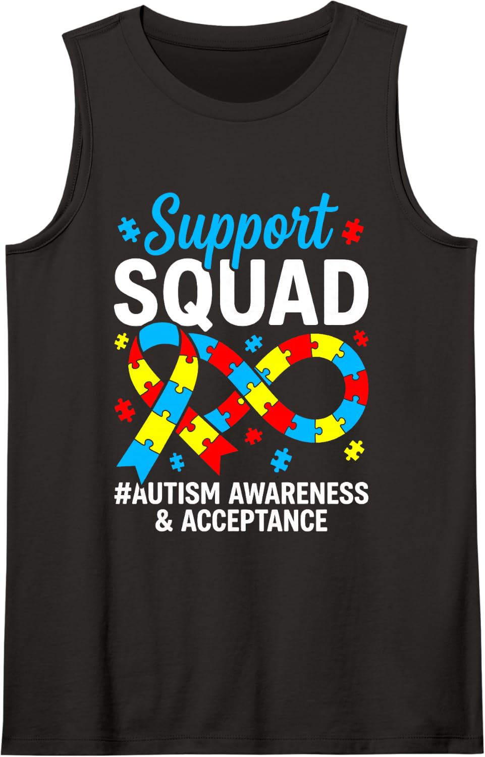 Autism Awareness Autism Support Squad Family Blue Ribbon Sleeveless Tank Top - Black