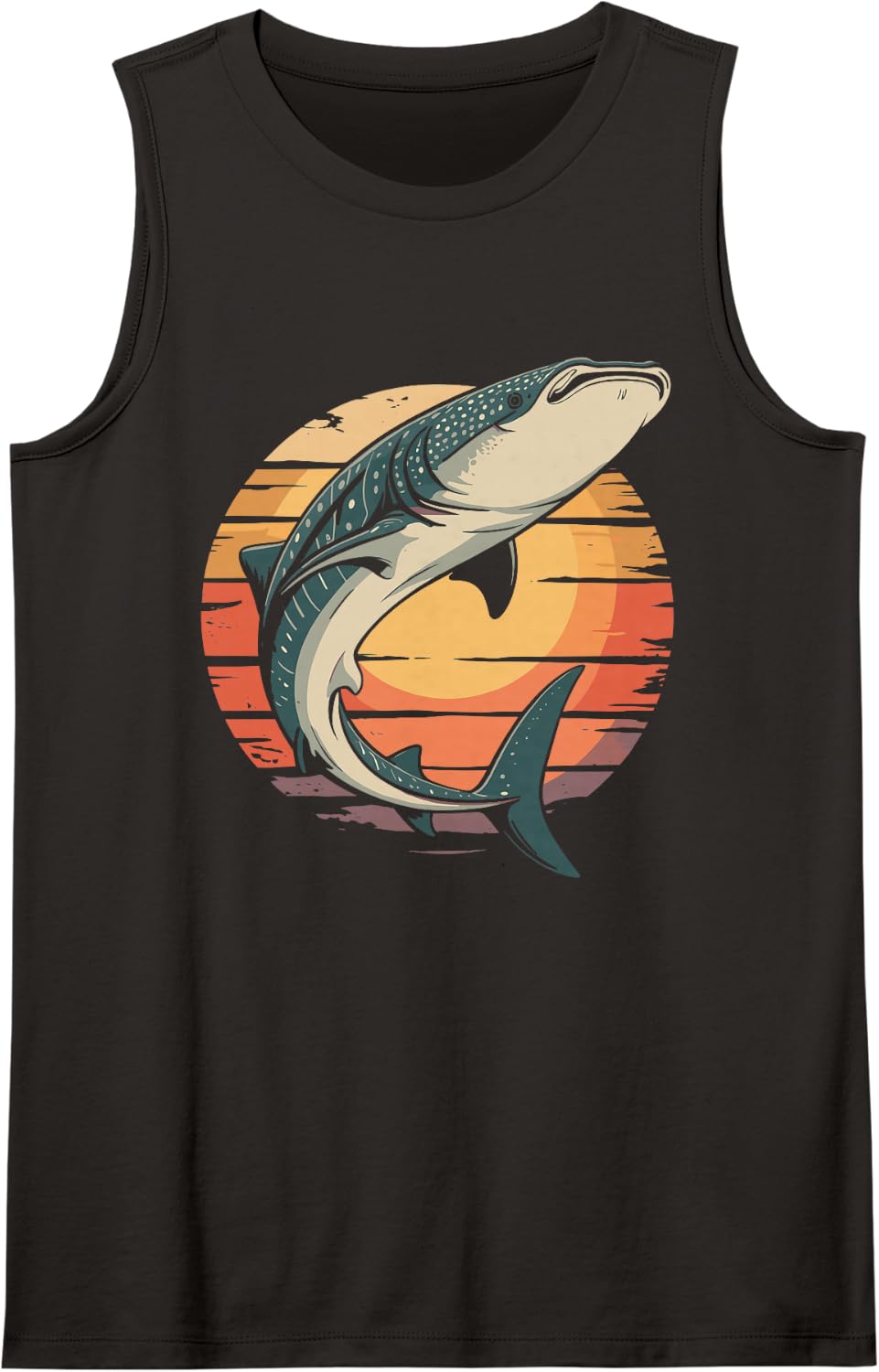 Retro Sunset Whale Shark Ocean Design Sleeveless Tank Top - Black