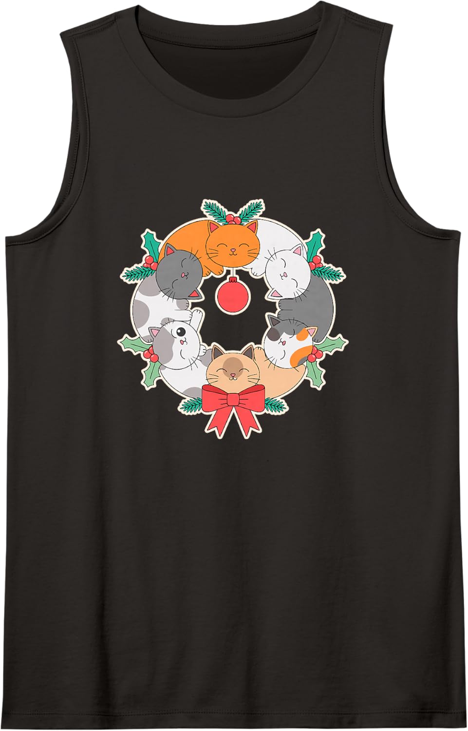 Cat Christmas Wreath Cute Sleeping Kitties Holly Bow Holiday Sleeveless Tank Top - Black