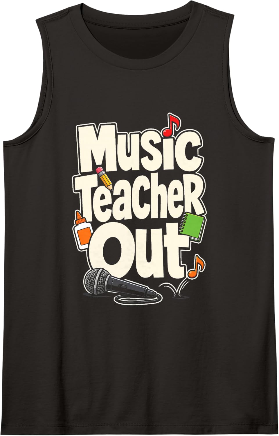 Music Teacher Out Elementary School Microphone Notes Sleeveless Tank Top - Black