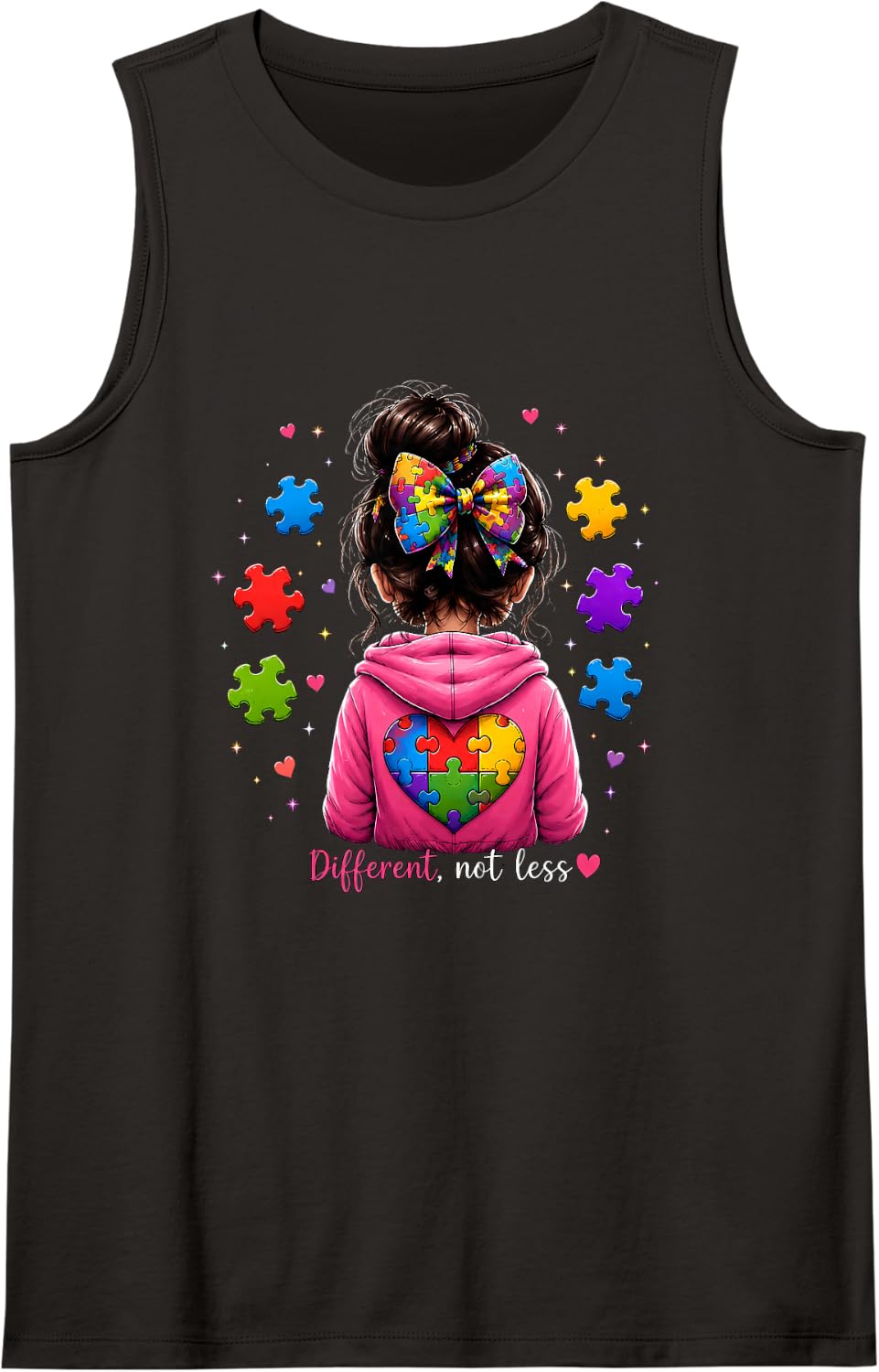 Autism Awareness Puzzle Ribbon Colorful Graphic Girls Kids Sleeveless Tank Top - Black