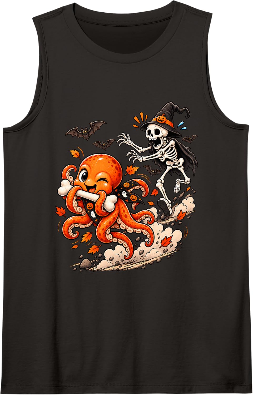 Funny Octopus Chased by Witch Skeleton Halloween Men Women Tank Top - Black