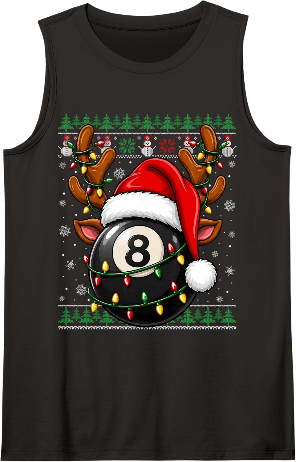Billiards 8 Ball Christmas Lights Ugly Sweater Festive Xmas Tank Top - Black