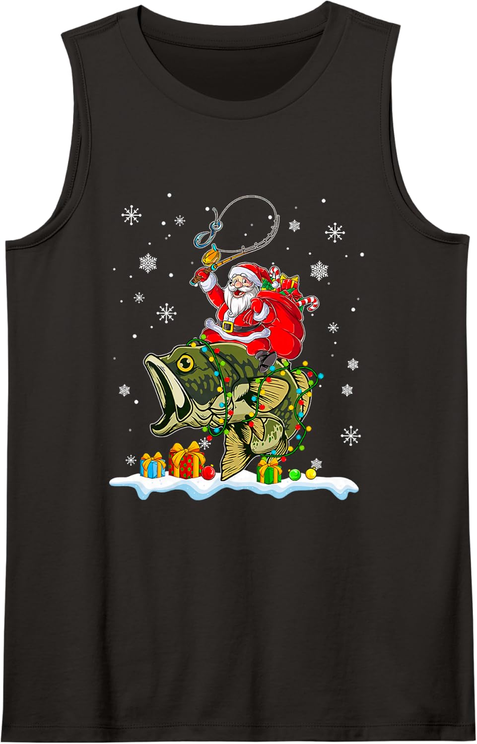 Christmas Bass Fishing Funny Santa Riding Fish Fishermen PJ Sleeveless Tank Top - Black
