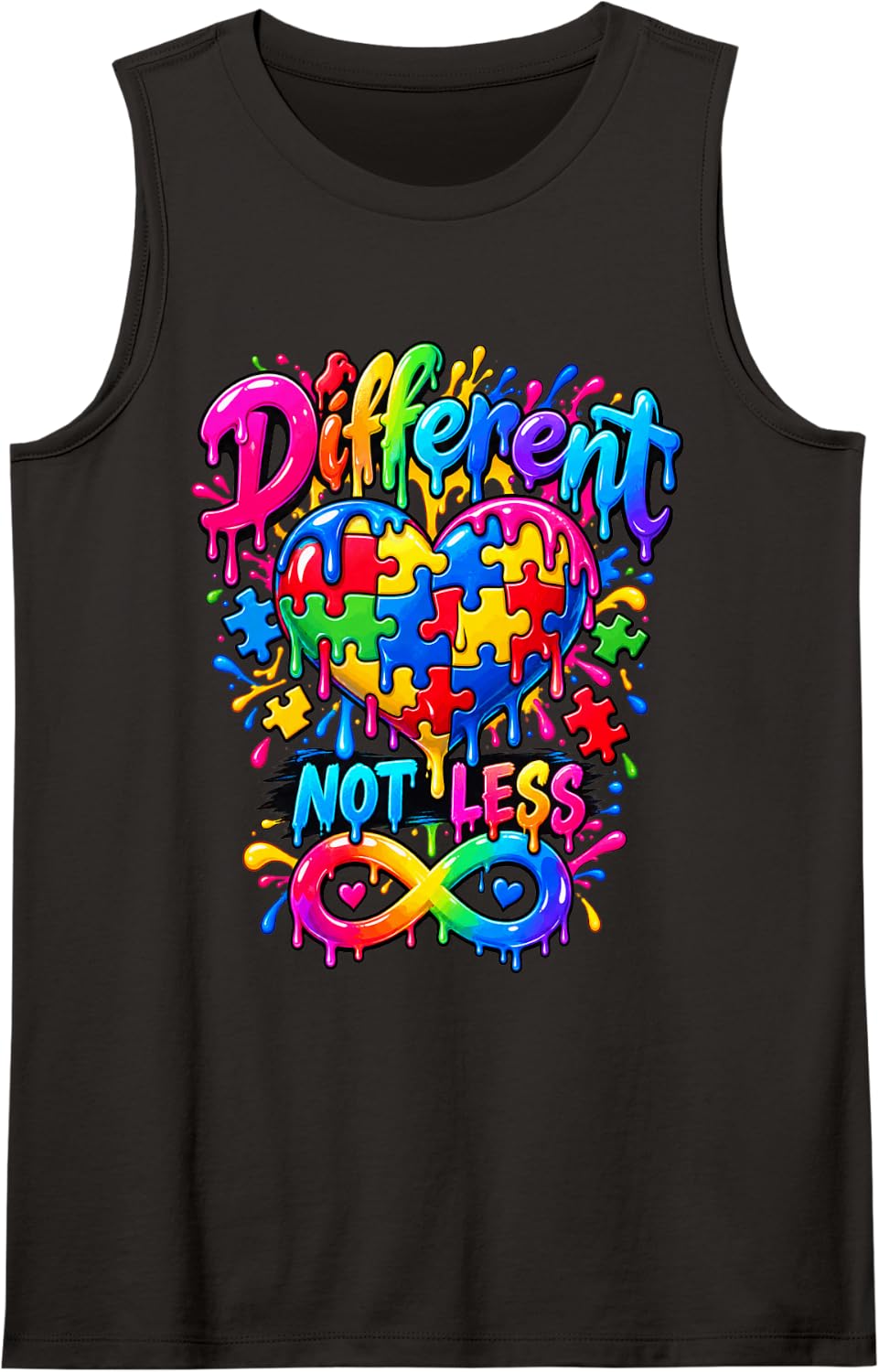 Autism Awareness Different Not Less Puzzle Piece Heart Sleeveless Tank Top - Black