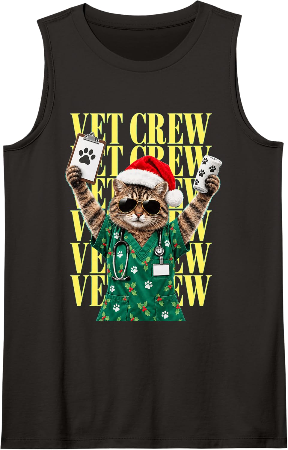 Vet Crew Christmas Cat for Vet Nurse Veterinarian Office Sleeveless Tank Top - Black