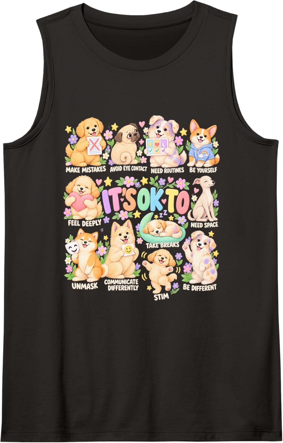 Storybook Dog Lover Mental Health Reminder It's OK to Sleeveless Tank Top - Black