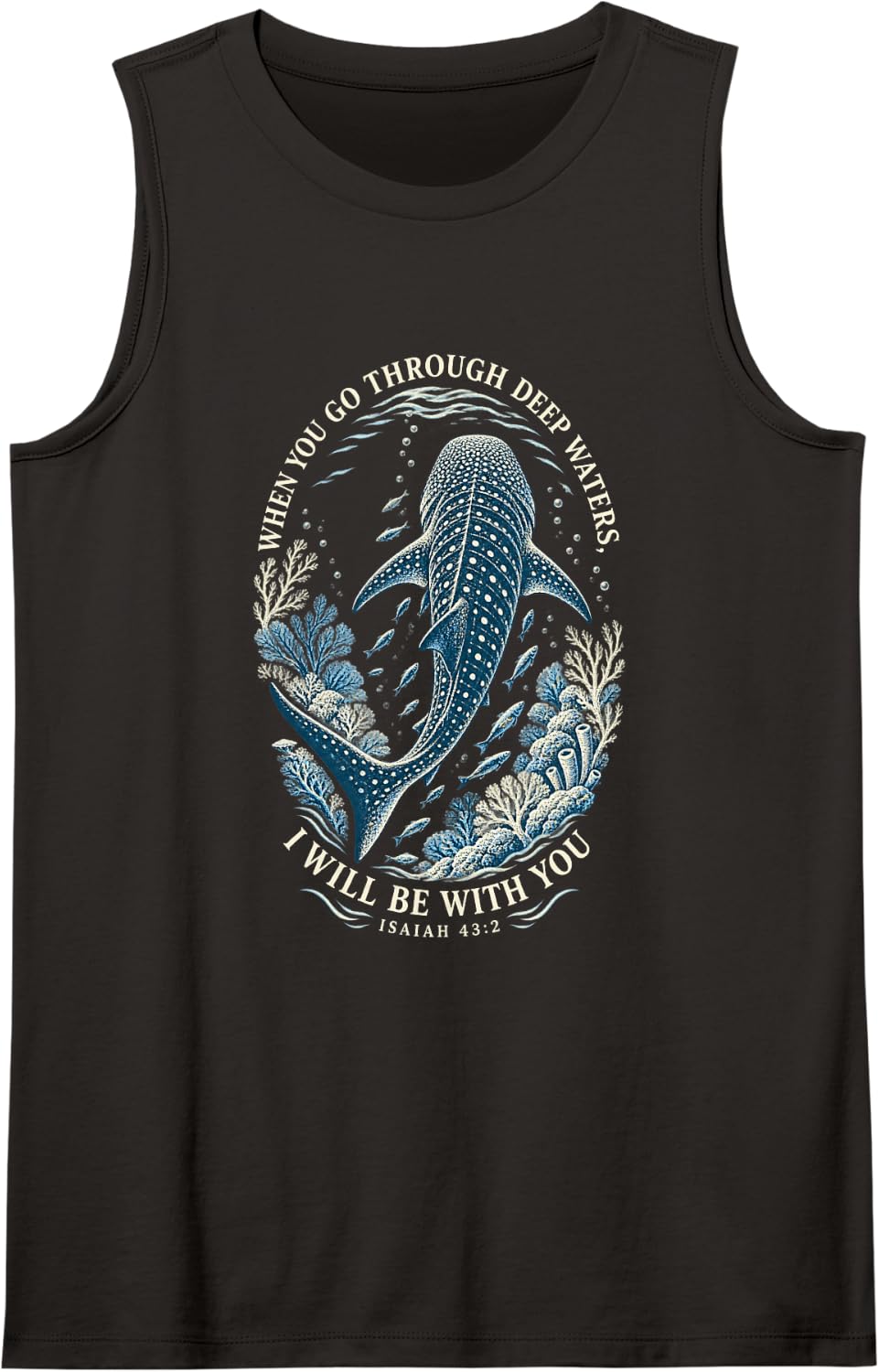 Blue Engraving Isaiah 43:2 Christian Whale Shark Sleeveless Tank Top - Black