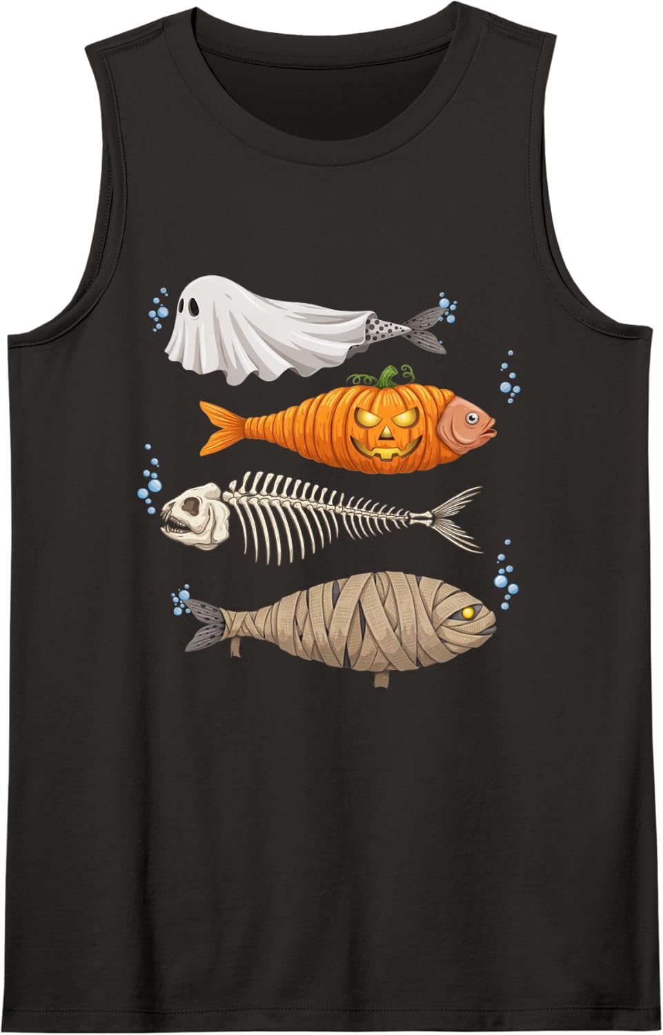 Trout Fish Ghost Pumpkin Skeleton Mummy Halloween Tank Top - Black