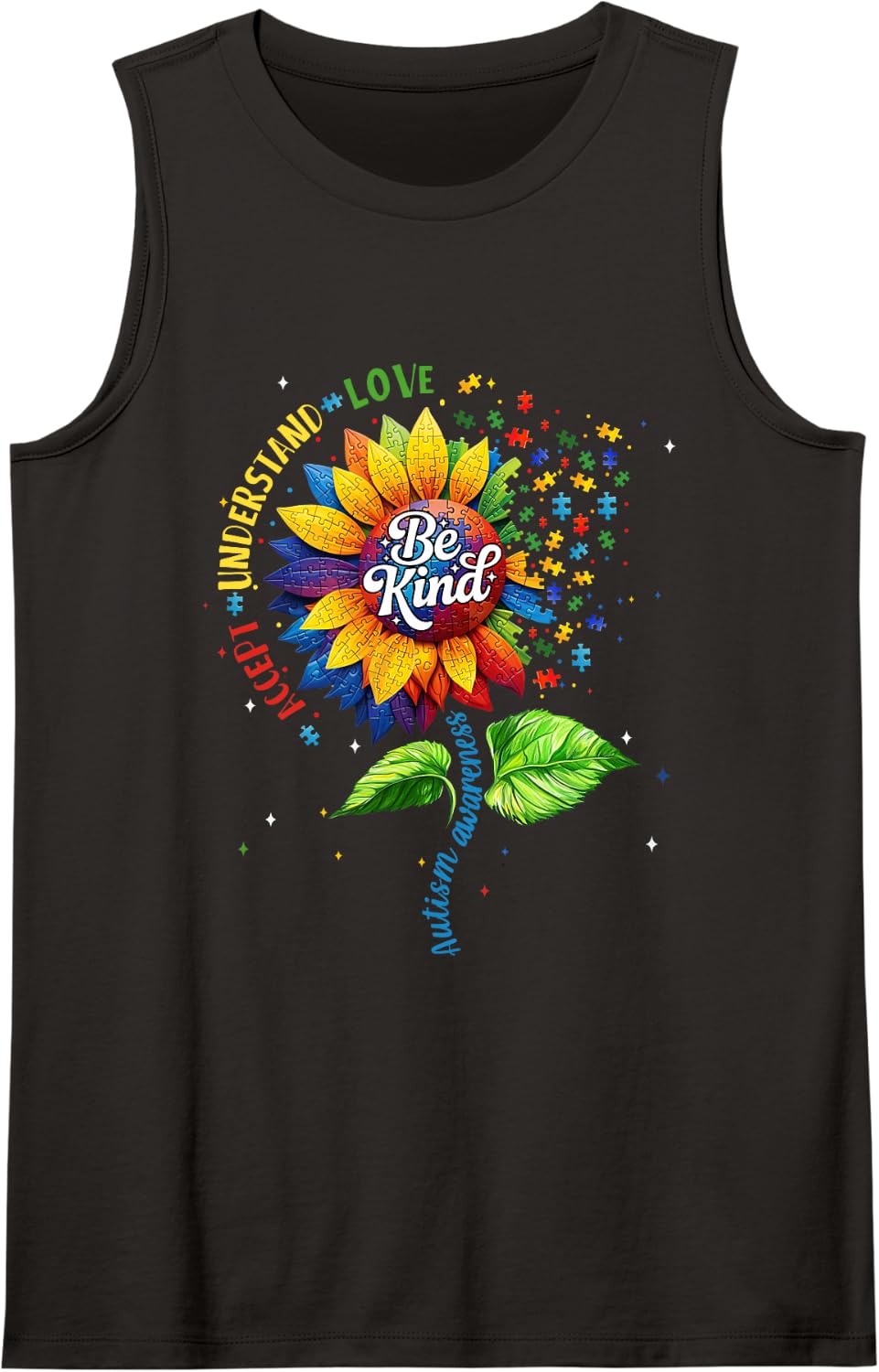 Sunflower Autism Awareness Shirts Men Women Kids Teachers Sleeveless Tank Top - Black