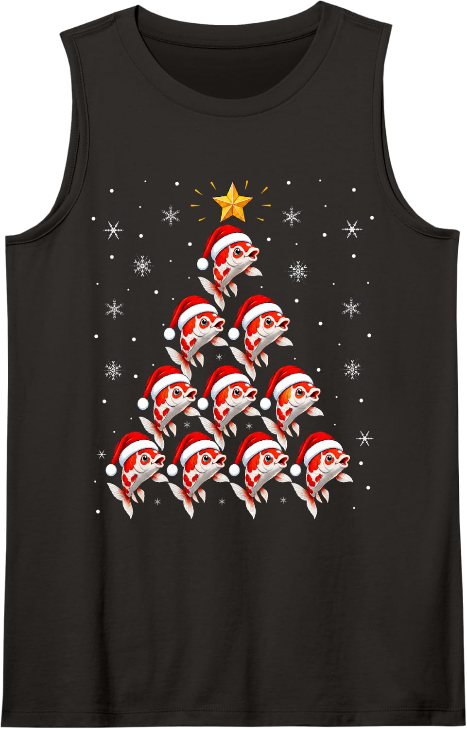 Cute Santa Hat Koi Fish Christmas Tree Sleeveless Tank Top - Black