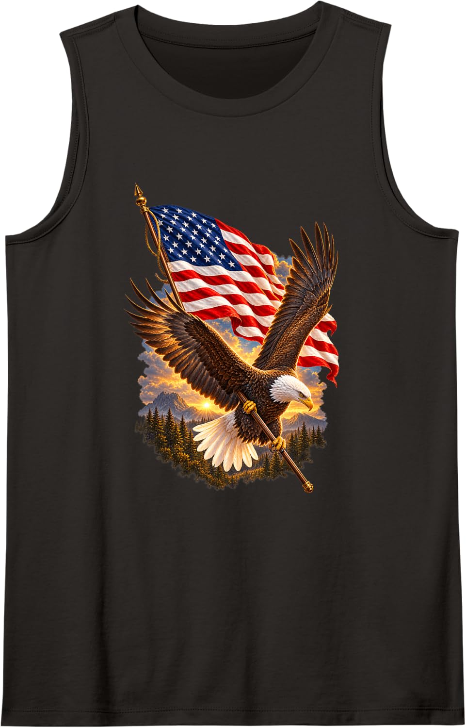 Patriotic Bald Eagle Soaring American Flag USA Mountains Sleeveless Tank Top - Black