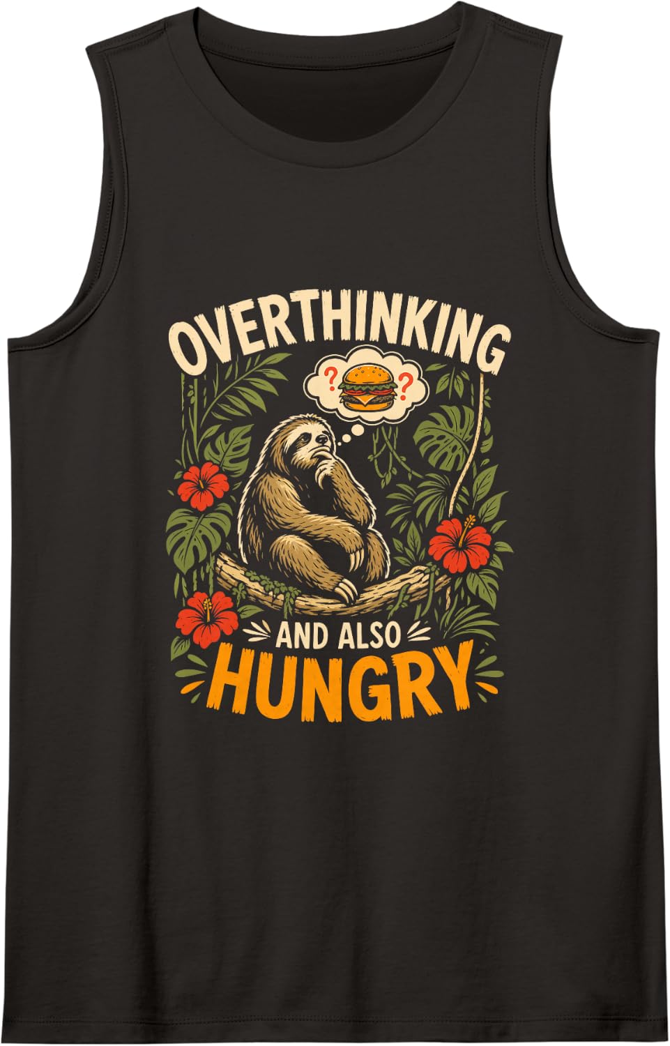 Overthinking and Also Hungry Sloth Eating Burger Tank Top - Black
